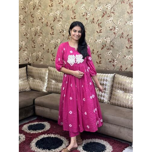 ANNI DESIGNER Women's Rayon Blend Anarkali Printed Kurta with Pant (ANVESHI Pink_XL_Pink_X-Large)