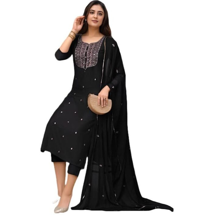 ANNI DESIGNER Women's Rayon Viscose Straight Embroidered Kurta with Pant & Dupatta (Kasturi Black-VKS04_S_Black_Small)