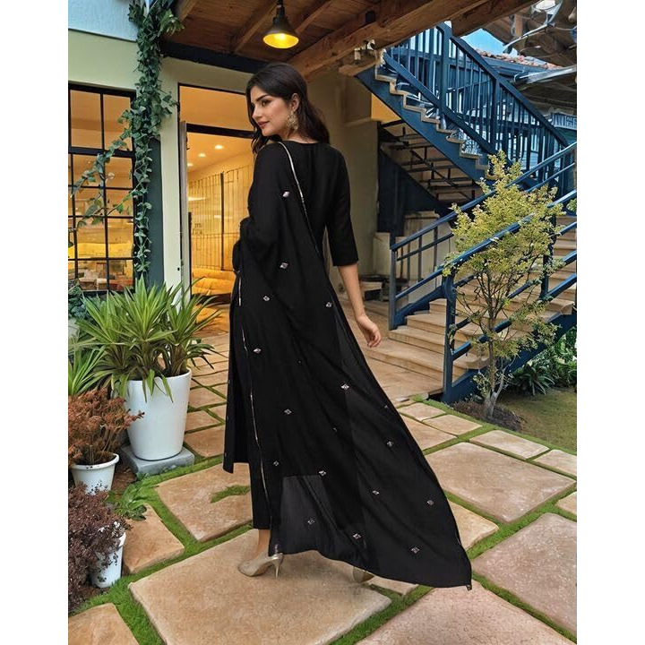 ANNI DESIGNER Women's Rayon Viscose Straight Embroidered Kurta with Pant & Dupatta (Kasturi Black-VKS04_S_Black_Small)