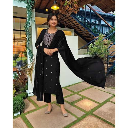 ANNI DESIGNER Women's Rayon Viscose Straight Embroidered Kurta with Pant & Dupatta (Kasturi Black-VKS04_S_Black_Small)
