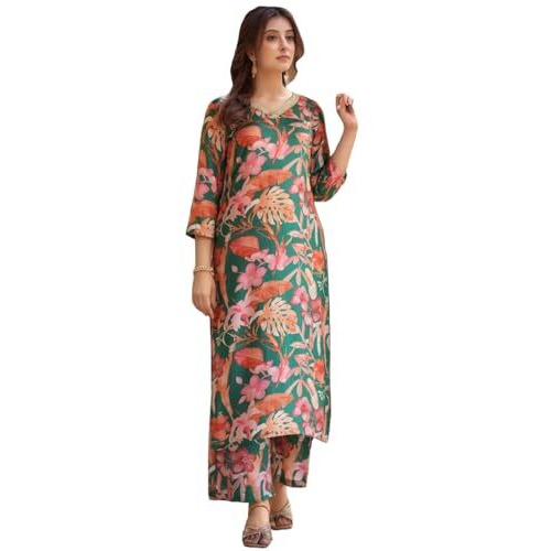ANNI DESIGNER Women's Rayon Viscose Straight Printed Kurta with Palazzo (CHINKI GREEN-VKS03_XL_Green_X-Large)