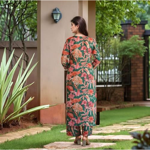 ANNI DESIGNER Women's Rayon Viscose Straight Printed Kurta with Palazzo (CHINKI GREEN-VKS03_XL_Green_X-Large)