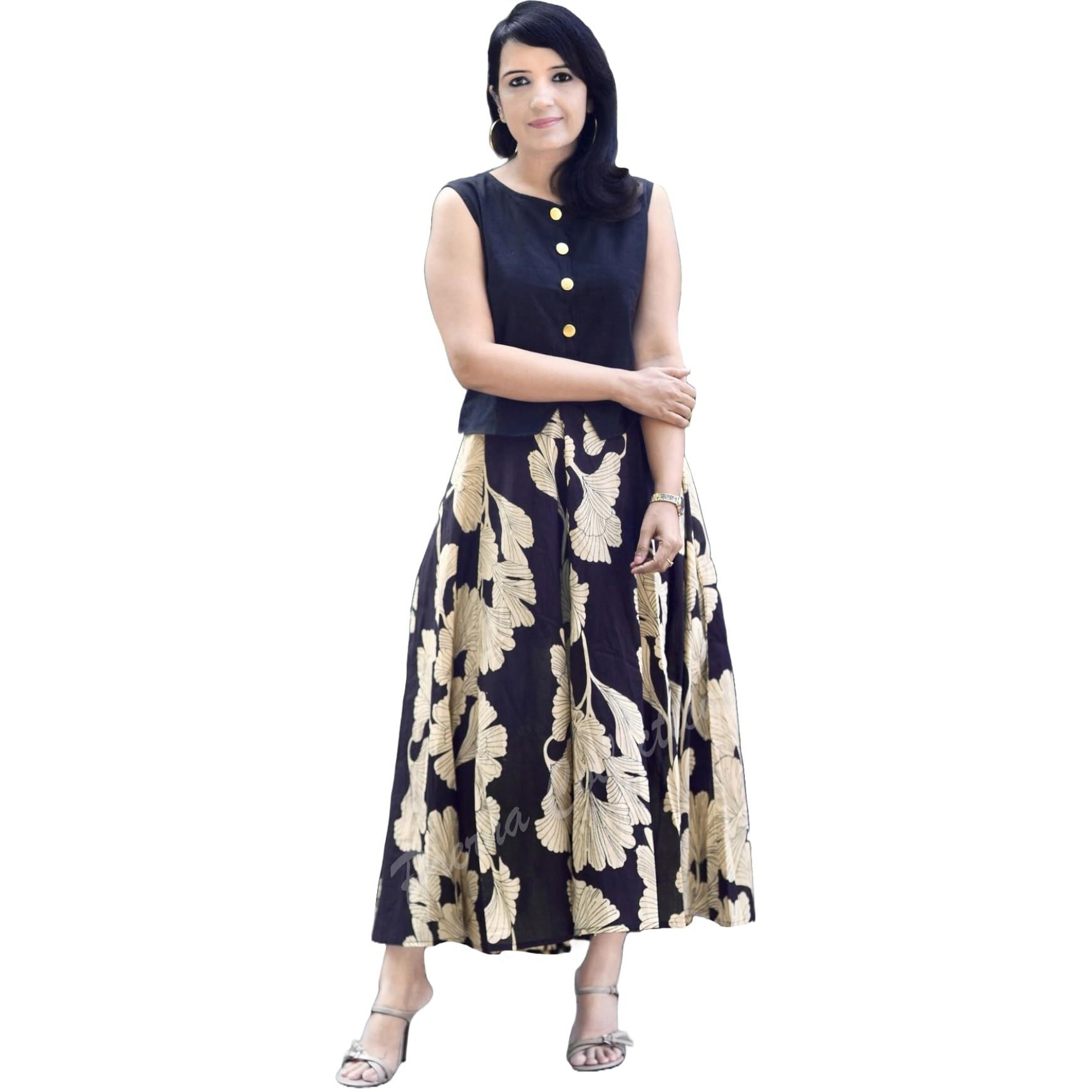 ANNI DESIGNER Women's Rayon Viscose Printed Skirt and Top Dress Set (BAKUL Black_M_Black_Medium)