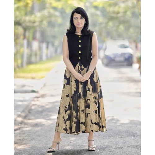 ANNI DESIGNER Women's Rayon Viscose Printed Skirt and Top Dress Set (BAKUL Black_M_Black_Medium)