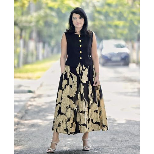 ANNI DESIGNER Women's Rayon Viscose Printed Skirt and Top Dress Set (BAKUL Black_M_Black_Medium)