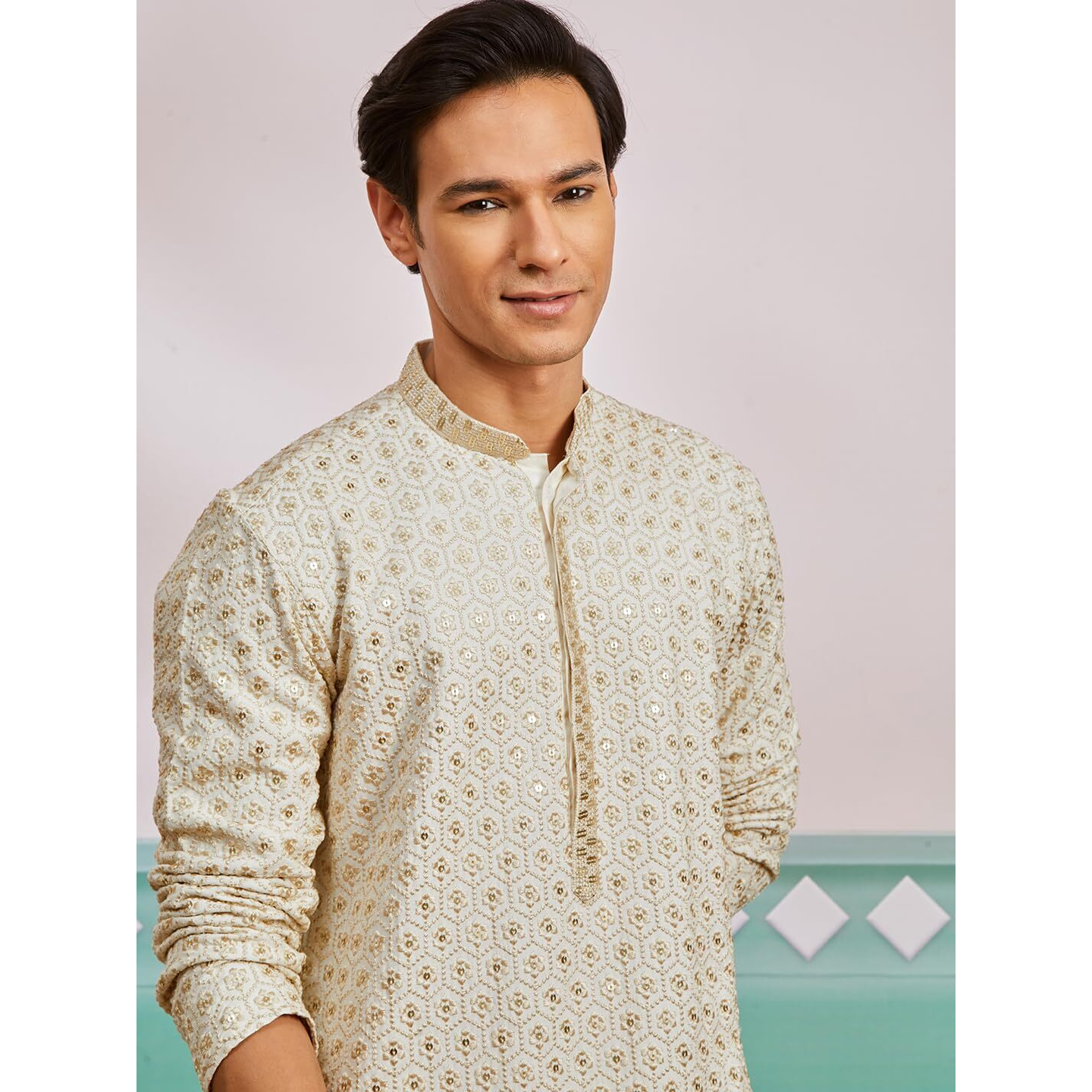 VASTRAMAY Men's Off White Rayon Kurta - This Men's Kurta exudes Elegance with its Intricate Design and Sophisticated Color Palette.
