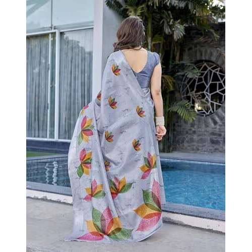 Yashika Women's Printed Linen sarees for women| Linen cotton Sadi|saree for Women | Silk Saree | New Sari | Latest Saree (AZ-YS-P1-RIPIKA GREY)