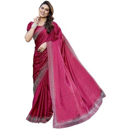 Yashika Women's Bollywood Satin Moss With Swarovski Stone Saree with Blouse |saree for Women | Silk Saree | New Sari | Latest Saree (AZ-YS-P1-SHUBHRA PINK)