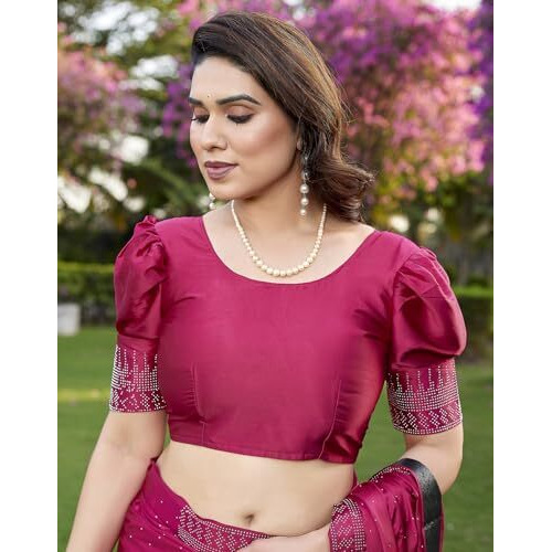 Yashika Women's Bollywood Satin Moss With Swarovski Stone Saree with Blouse |saree for Women | Silk Saree | New Sari | Latest Saree (AZ-YS-P1-SHUBHRA PINK)