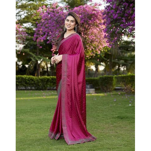 Yashika Women's Bollywood Satin Moss With Swarovski Stone Saree with Blouse |saree for Women | Silk Saree | New Sari | Latest Saree (AZ-YS-P1-SHUBHRA PINK)