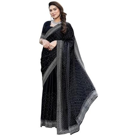 Yashika Women's Bollywood Satin Moss With Swarovski Stone Saree with Blouse |saree for Women | Silk Saree | New Sari | Latest Saree (AZ-YS-P1-SHUBHRA BLACK)