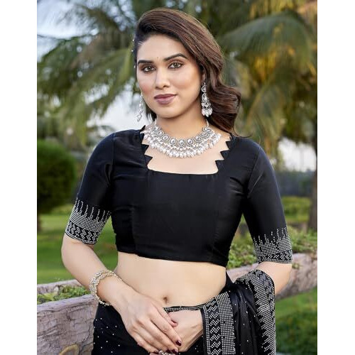 Yashika Women's Bollywood Satin Moss With Swarovski Stone Saree with Blouse |saree for Women | Silk Saree | New Sari | Latest Saree (AZ-YS-P1-SHUBHRA BLACK)