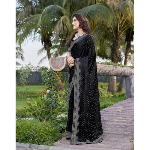 Yashika Women's Bollywood Satin Moss With Swarovski Stone Saree with Blouse |saree for Women | Silk Saree | New Sari | Latest Saree (AZ-YS-P1-SHUBHRA BLACK)