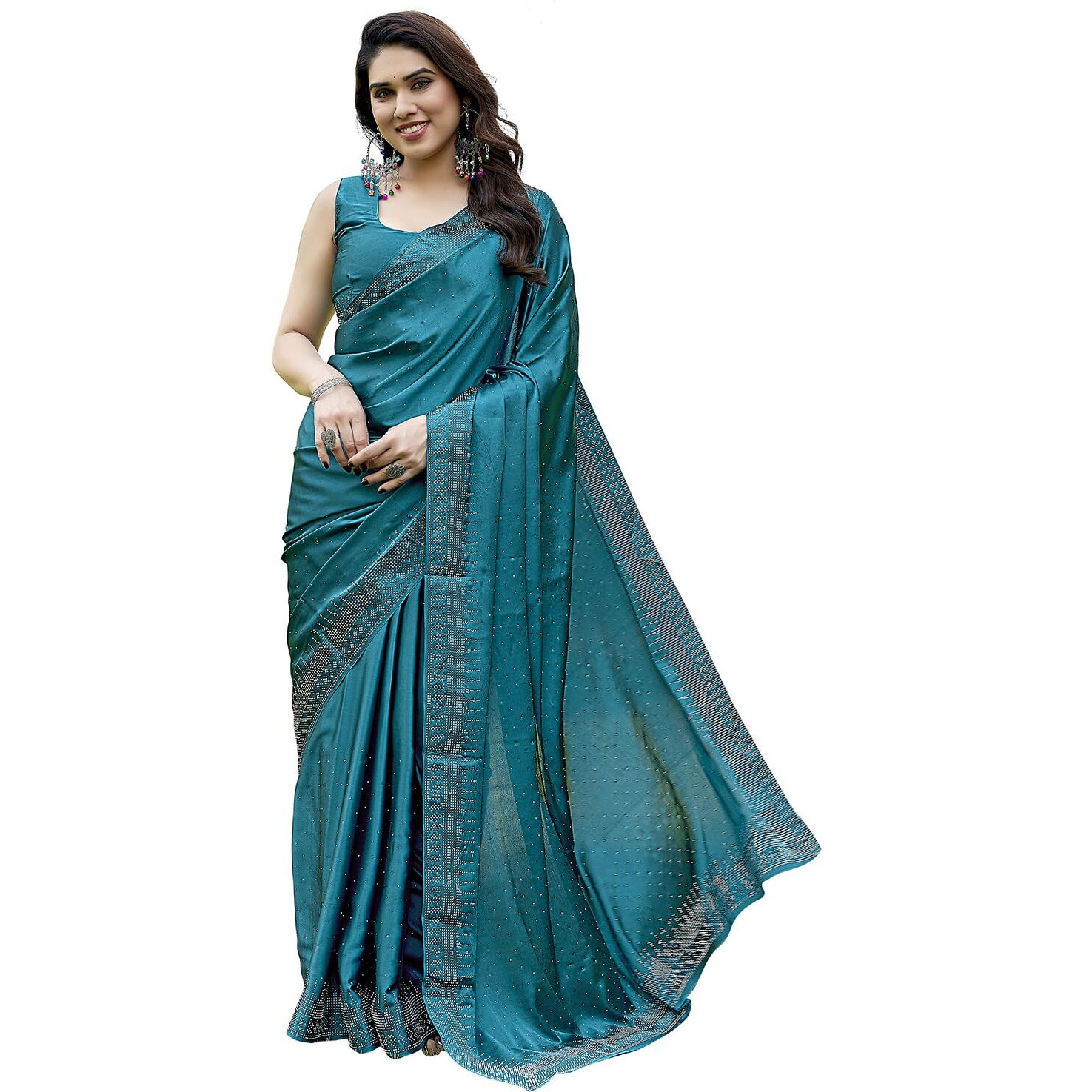 Yashika Women's Bollywood Satin Moss With Swarovski Stone Saree with Blouse |saree for Women | Silk Saree | New Sari | Latest Saree (AZ-YS-P1-SHUBHRA RAMA)