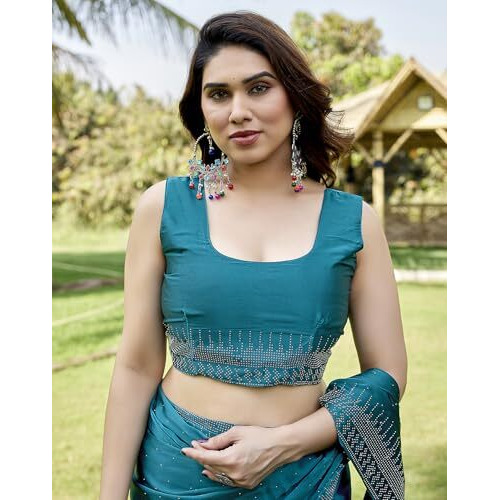 Yashika Women's Bollywood Satin Moss With Swarovski Stone Saree with Blouse |saree for Women | Silk Saree | New Sari | Latest Saree (AZ-YS-P1-SHUBHRA RAMA)