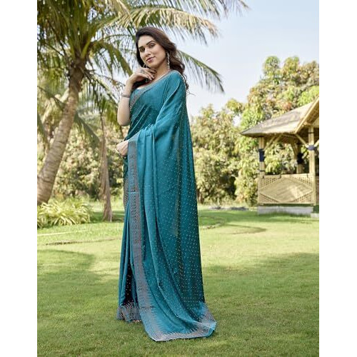 Yashika Women's Bollywood Satin Moss With Swarovski Stone Saree with Blouse |saree for Women | Silk Saree | New Sari | Latest Saree (AZ-YS-P1-SHUBHRA RAMA)