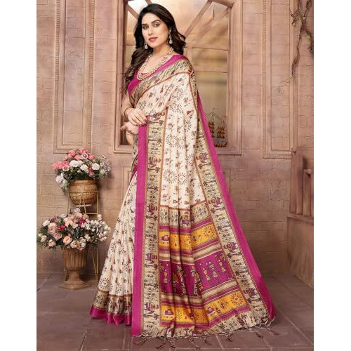 Yashika Women's Printed Kalamkari Art Silk Saree With Tassels and Unstitched Blouse Material (AZ-YS-P1-SOORVI CHIKU MAROON JHALAR)