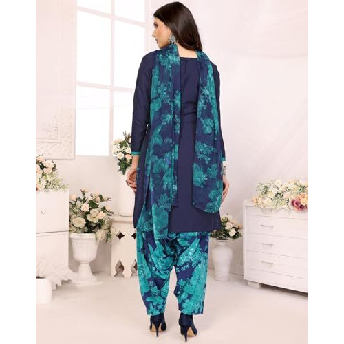 Yashika Women's Crepe Dress Material Set for Women | Unstitched Printed Fabric for Kurta Bottom & Dupatta (YS-BLACK FLOWER-RIDDHI NAVY)