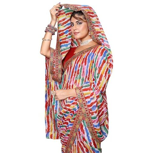 Yashika Womens Georgette Saree with Lace Border | Lightweight Laheriya Saree for Women with Unstitched Blouse Piece (AZ-YS-P1-RANGBARSE WHITE)