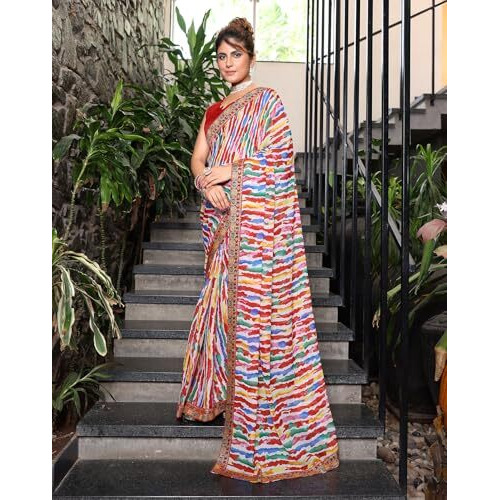 Yashika Womens Georgette Saree with Lace Border | Lightweight Laheriya Saree for Women with Unstitched Blouse Piece (AZ-YS-P1-RANGBARSE WHITE)