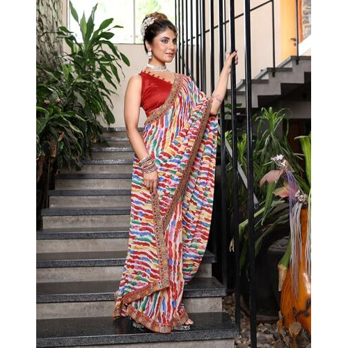 Yashika Womens Georgette Saree with Lace Border | Lightweight Laheriya Saree for Women with Unstitched Blouse Piece (AZ-YS-P1-RANGBARSE WHITE)