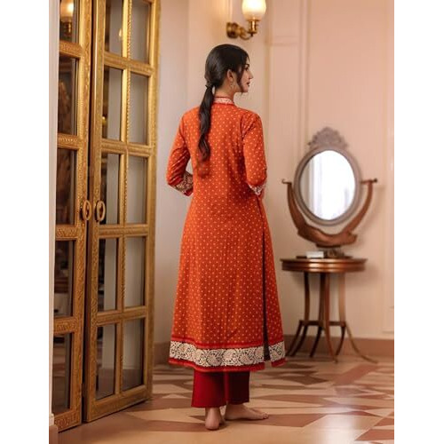 ANNI DESIGNER Women's Rayon Viscose Anarkali Printed Kurta with Pant (Karidos Orange-VKS04_XXL_Orange_XX-Large)