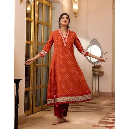 ANNI DESIGNER Women's Rayon Viscose Anarkali Printed Kurta with Pant (Karidos Orange-VKS04_XXL_Orange_XX-Large)