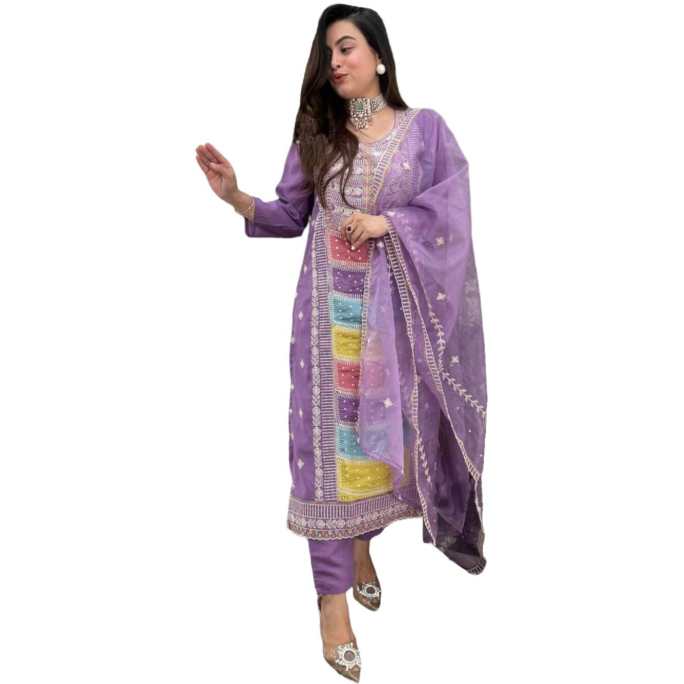ANNI DESIGNER Women's Rayon Viscose Straight Embroidered Kurta with Pant & Dupatta (Art Purple-VKS01_S_Purple_Small)