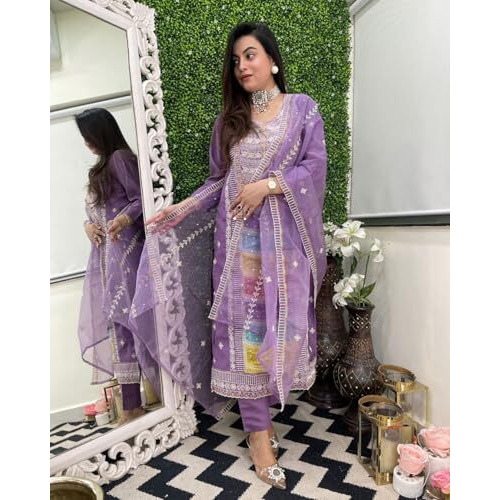 ANNI DESIGNER Women's Rayon Viscose Straight Embroidered Kurta with Pant & Dupatta (Art Purple-VKS01_S_Purple_Small)