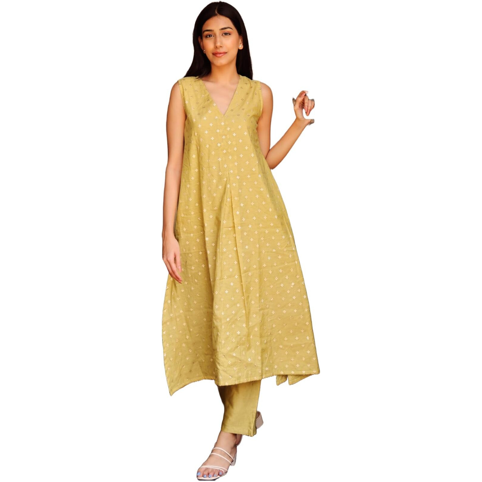 ANNI DESIGNER Women's Rayon Viscose Printed A-Line Kurta with Pant (TISHYA Yellow_L_Yellow_Large)