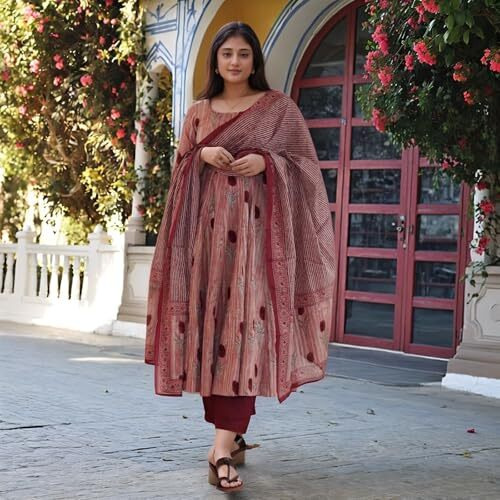 ANNI DESIGNER Women's Rayon Viscose Printed Anarkali Kurta with Pant & Dupatta (Prisha Wine-VKS01_5XL_Wine_XXXXX-Large)