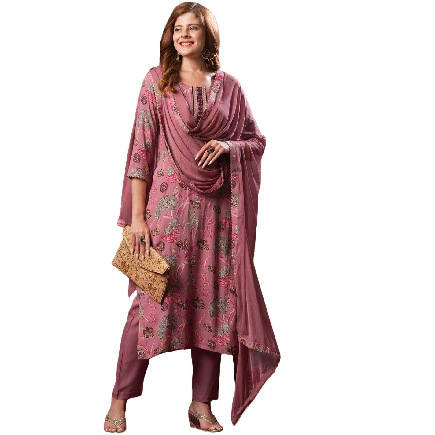 ANNI DESIGNER Women's Rayon Blend Printed Straight Kurta with Pant & Dupatta (VICE Peach-VKS03_5XL_Peach_XXXXX-Large)