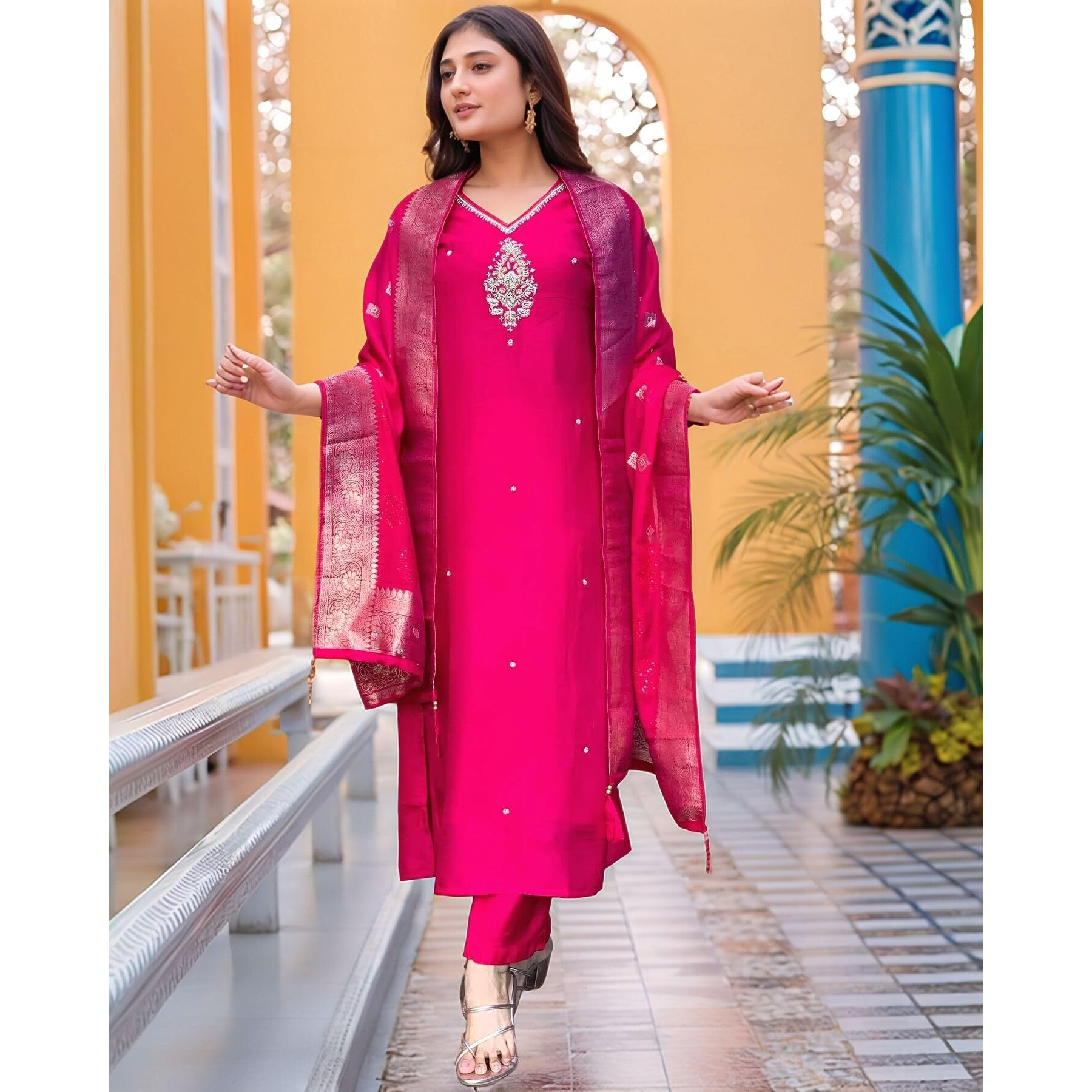 ANNI DESIGNER Women's Silk Blend Straight Embroidered Kurta with Pant & Dupatta (Premium Pink-VKS05_XL_Pink_X-Large)