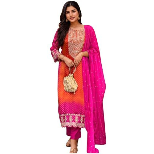 ANNI DESIGNER Women's Rayon Viscose Straight Bandhani Embroidered Kurta with Pant & Dupatta (Lasivan Pink-VKS05_3XL_Pink_XXX-Large)