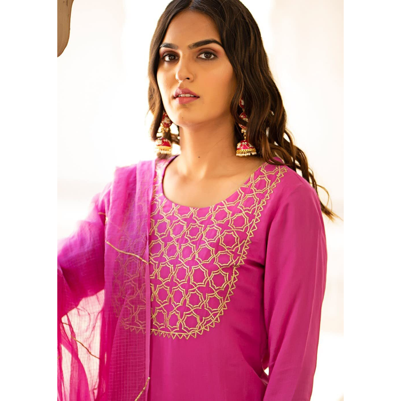 ANNI DESIGNER Women's Cotton Blend Printed Straight Kurta with Pant & Dupatta (Khunti STY Pink_M_Pink_Medium)