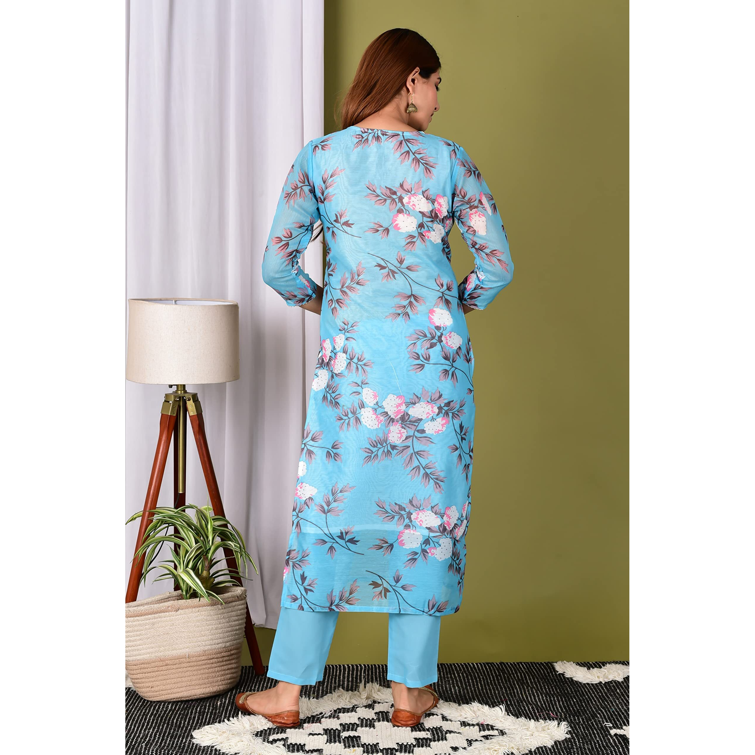 ANNI DESIGNER Women's Cotton Blend Printed Straight Kurta with Pant & Dupatta (Itta New Blue_M_Blue_Medium)