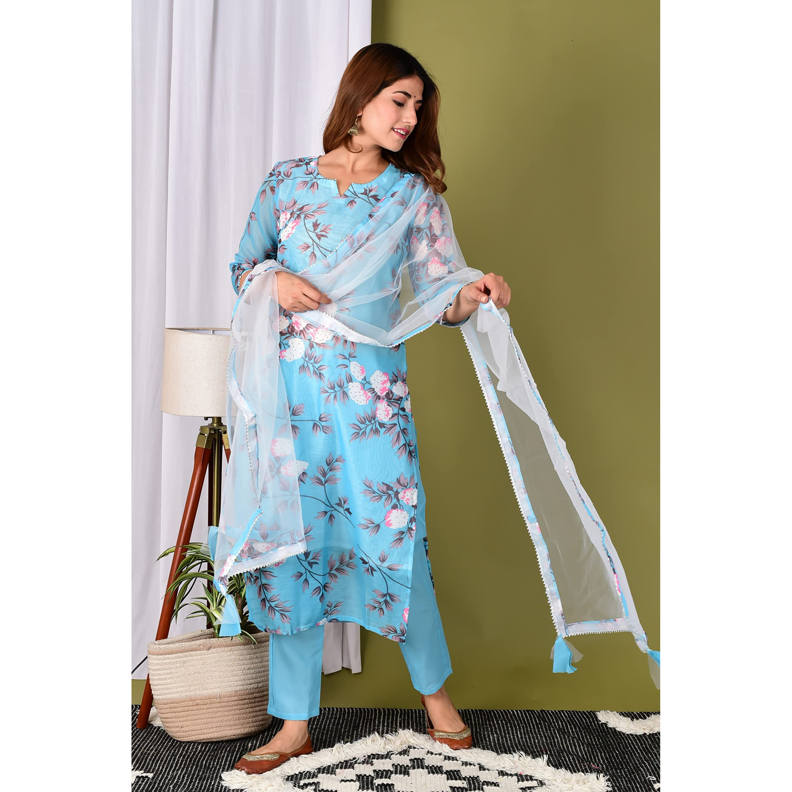 ANNI DESIGNER Women's Cotton Blend Printed Straight Kurta with Pant & Dupatta (Itta New Blue_M_Blue_Medium)