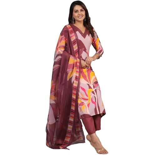 ANNI DESIGNER Women's Rayon Blend Printed Straight Kurta with Pant & Dupatta (KHISSU Wine-Nw_L_Wine_Large)