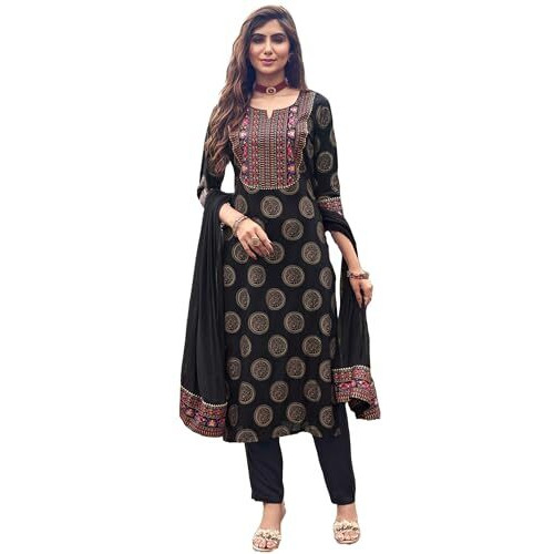 ANNI DESIGNER Women's Cotton Blend Printed Straight Kurta with Pant & Dupatta (NOV-Black-NRB_M_Black_Medium)