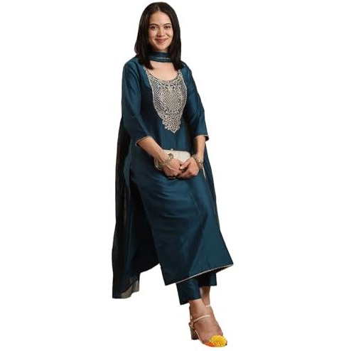 ANNI DESIGNER Women's Rayon Blend Straight Embroidered Kurta with Pant & Dupatta (SIKAND Cerosin_5XL_Dark Blue_XXXXX-Large)