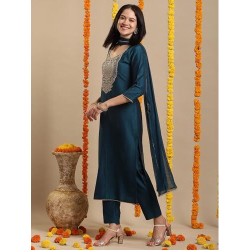 ANNI DESIGNER Women's Rayon Blend Straight Embroidered Kurta with Pant & Dupatta (SIKAND Cerosin_5XL_Dark Blue_XXXXX-Large)