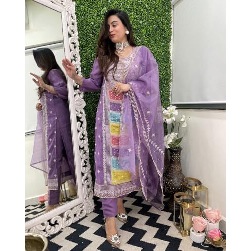 ANNI DESIGNER Women's Rayon Viscose Straight Embroidered Kurta with Pant & Dupatta (Art Purple-VKS01_XXL_Purple_XX-Large)