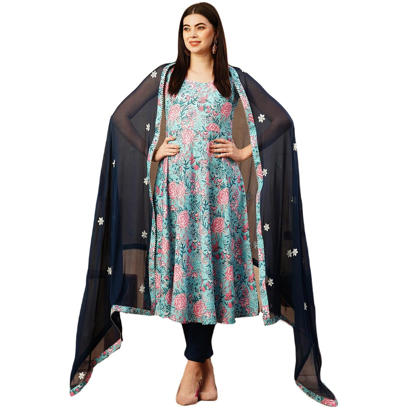 ANNI DESIGNER Women's Cotton Blend Anarkali Printed Kurta with Pant & Dupatta (GOANNI Blue-FKA_XL_Blue_X-Large)