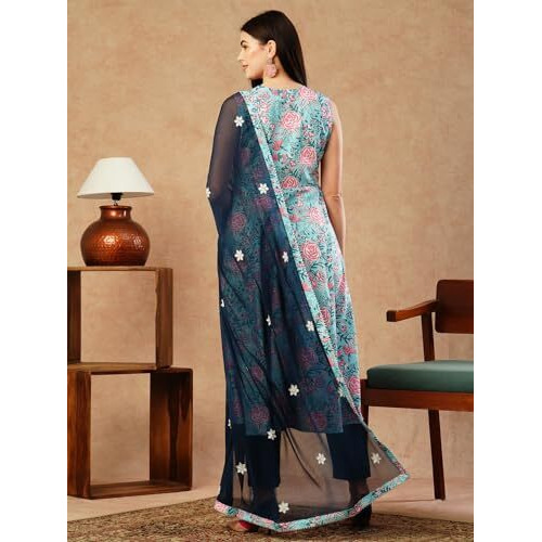 ANNI DESIGNER Women's Cotton Blend Anarkali Printed Kurta with Pant & Dupatta (GOANNI Blue-FKA_XL_Blue_X-Large)
