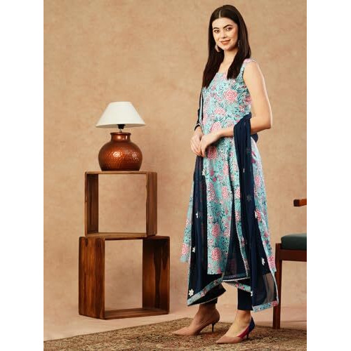 ANNI DESIGNER Women's Cotton Blend Anarkali Printed Kurta with Pant & Dupatta (GOANNI Blue-FKA_XL_Blue_X-Large)