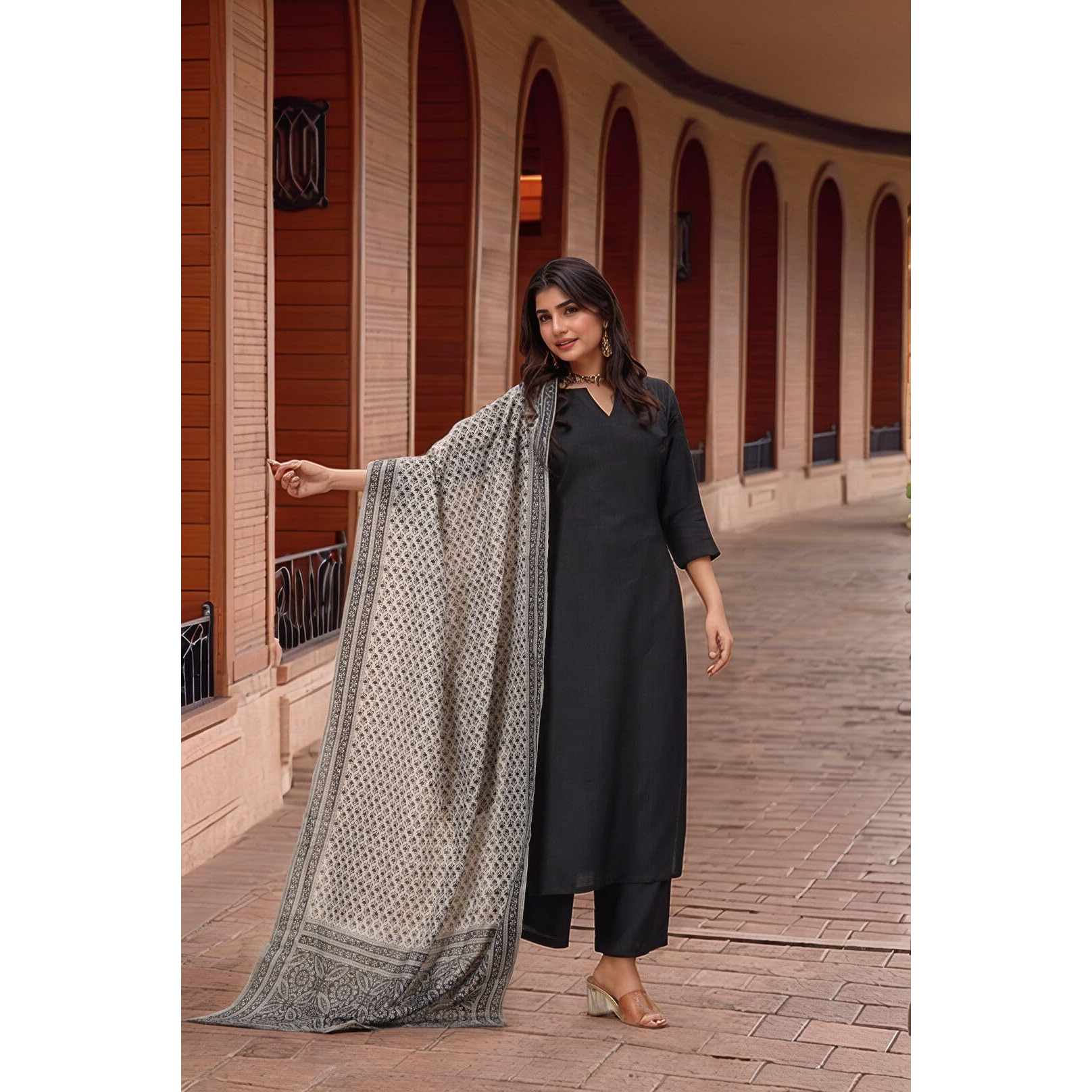 ANNI DESIGNER Women's Rayon Viscose Solid Straight Kurta with Pant & Dupatta (VARDHAN BLACK-VKS01_L_Black_Large)