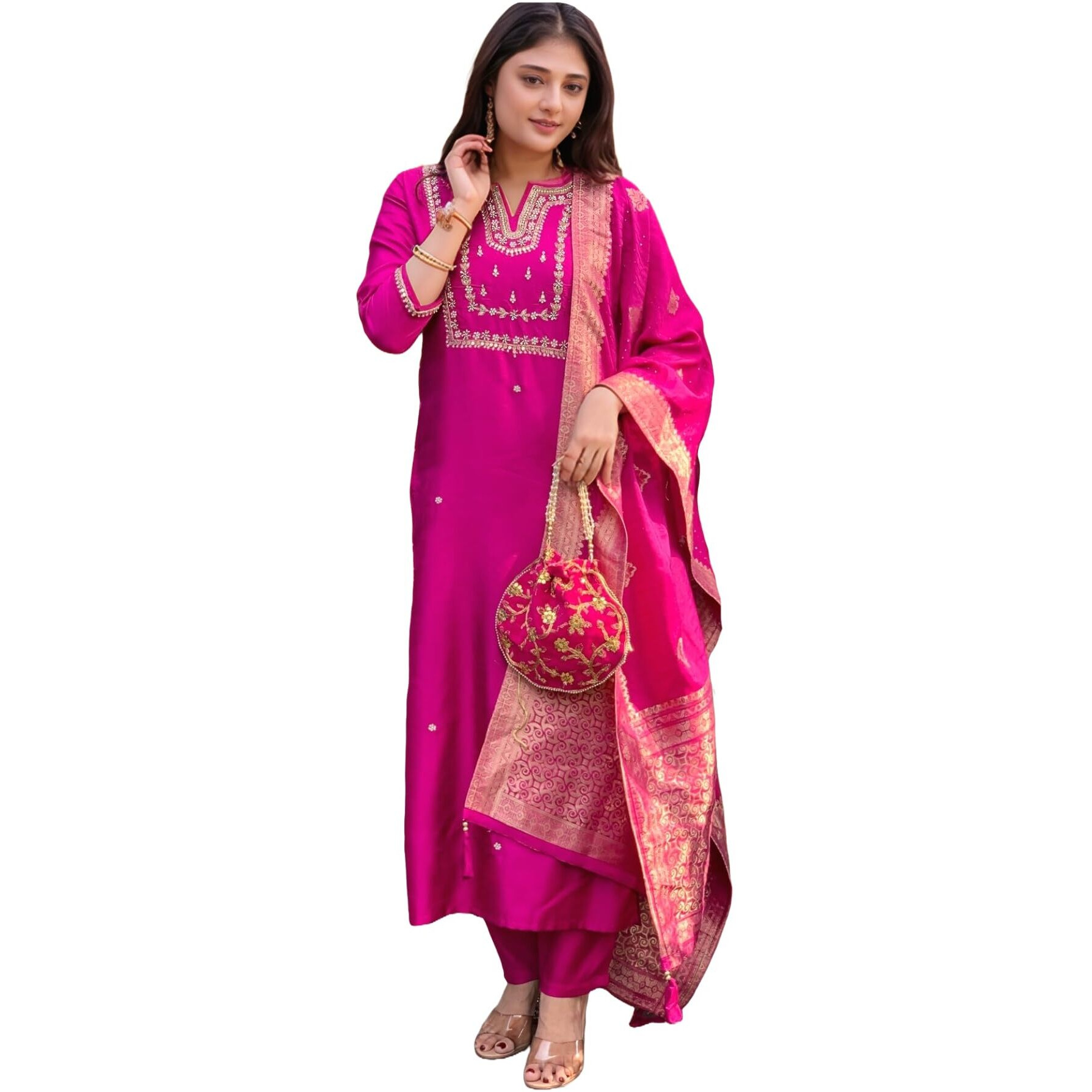 ANNI DESIGNER Women's Silk Blend Straight Embroidered Kurta with Pant & Dupatta (MANUSHI Pink-VKS05_L_Pink_Large)