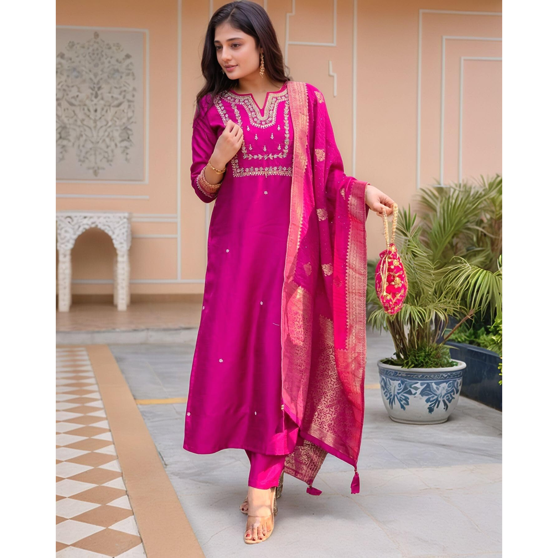 ANNI DESIGNER Women's Silk Blend Straight Embroidered Kurta with Pant & Dupatta (MANUSHI Pink-VKS05_L_Pink_Large)