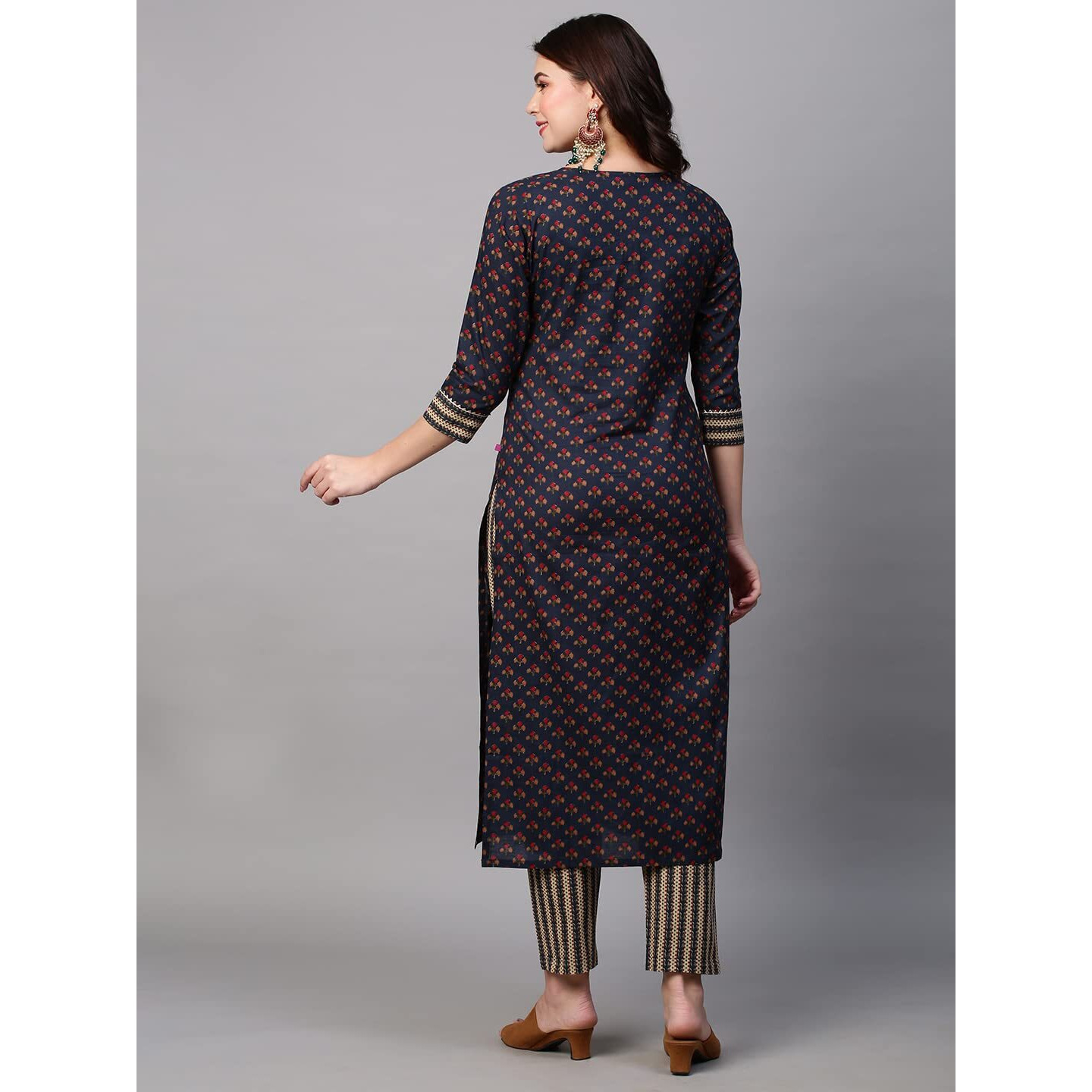 ANNI DESIGNER Women's Cotton Blend Printed Straight Kurta with Pant (Satku Dark Blue-Nw_L_Dark Blue_Large)