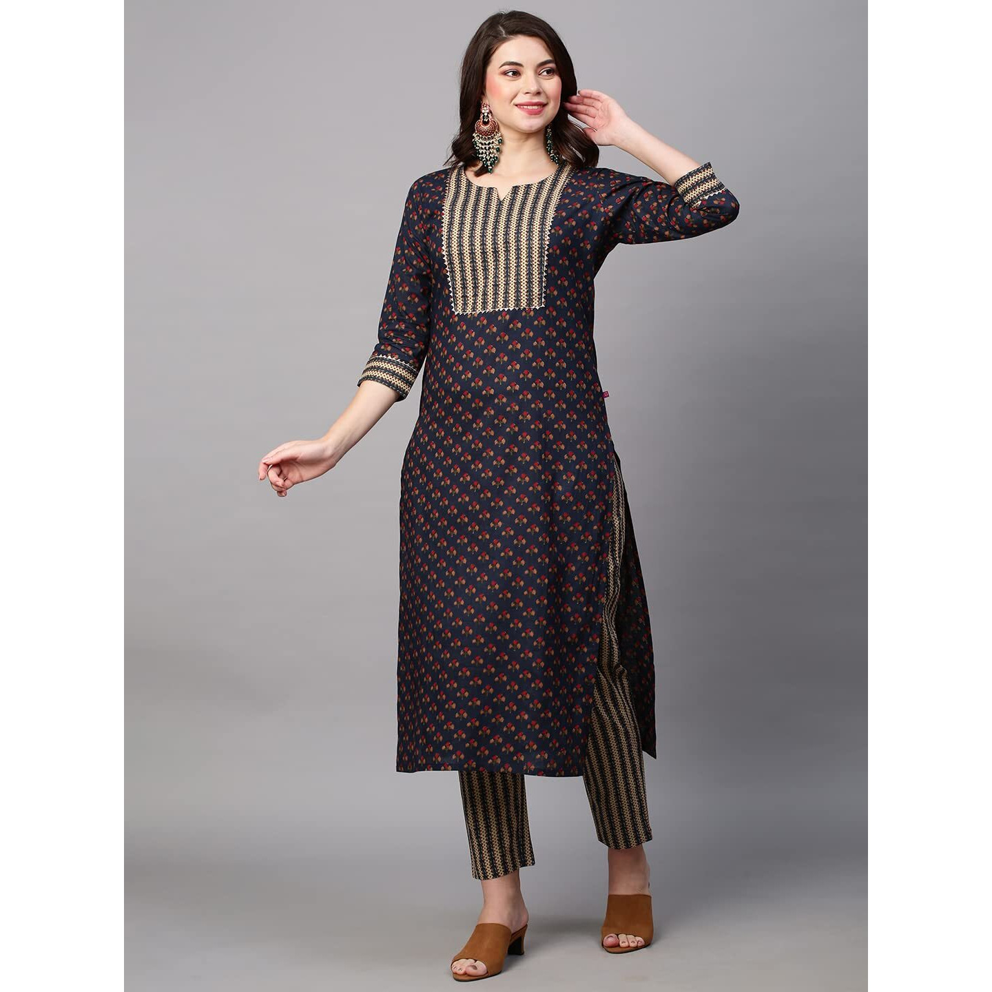 ANNI DESIGNER Women's Cotton Blend Printed Straight Kurta with Pant (Satku Dark Blue-Nw_L_Dark Blue_Large)